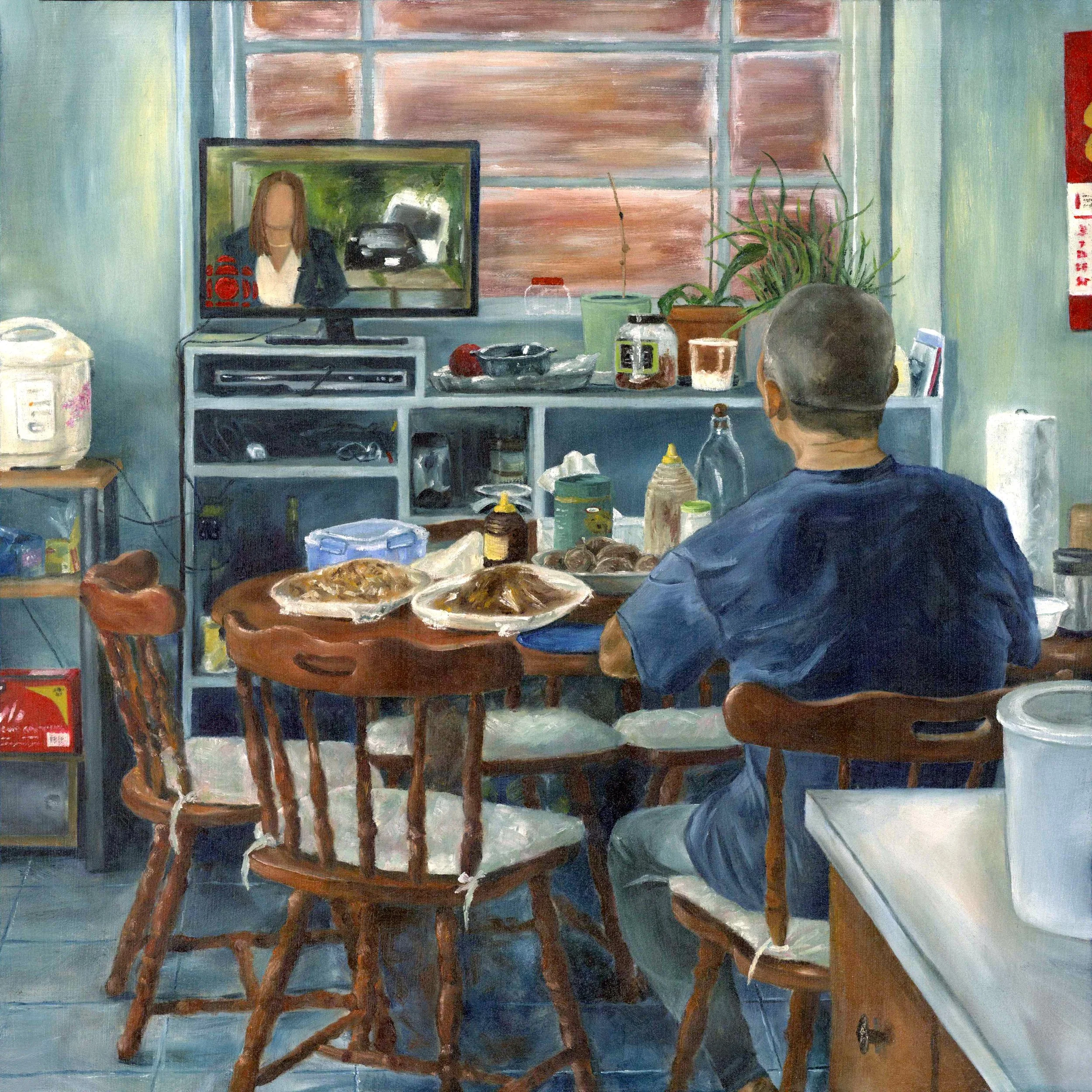 1:52pm, oil on panel, 12x12", 2024 - This painting depicts my dad at the kitchen table. After immigrating to Canada and starting anew, my parents have established a sense of belonging by holding onto more.