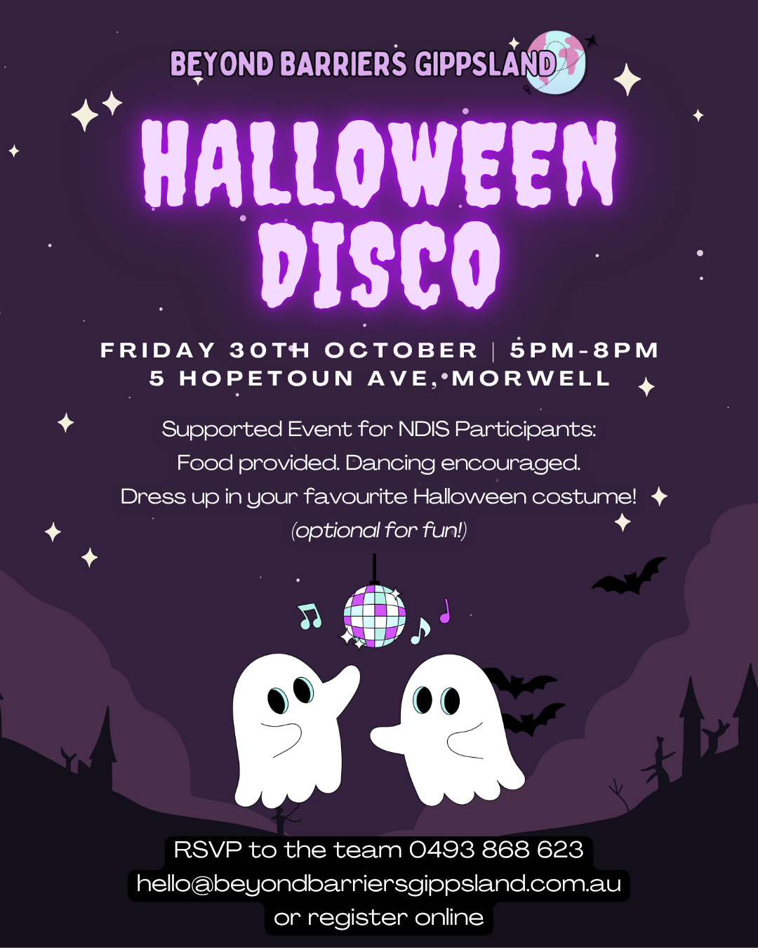 Halloween Disco event poster with purple glow text, featuring two cartoon ghosts, a disco ball, and bats on a spooky night background, promoting a themed Halloween dance party.