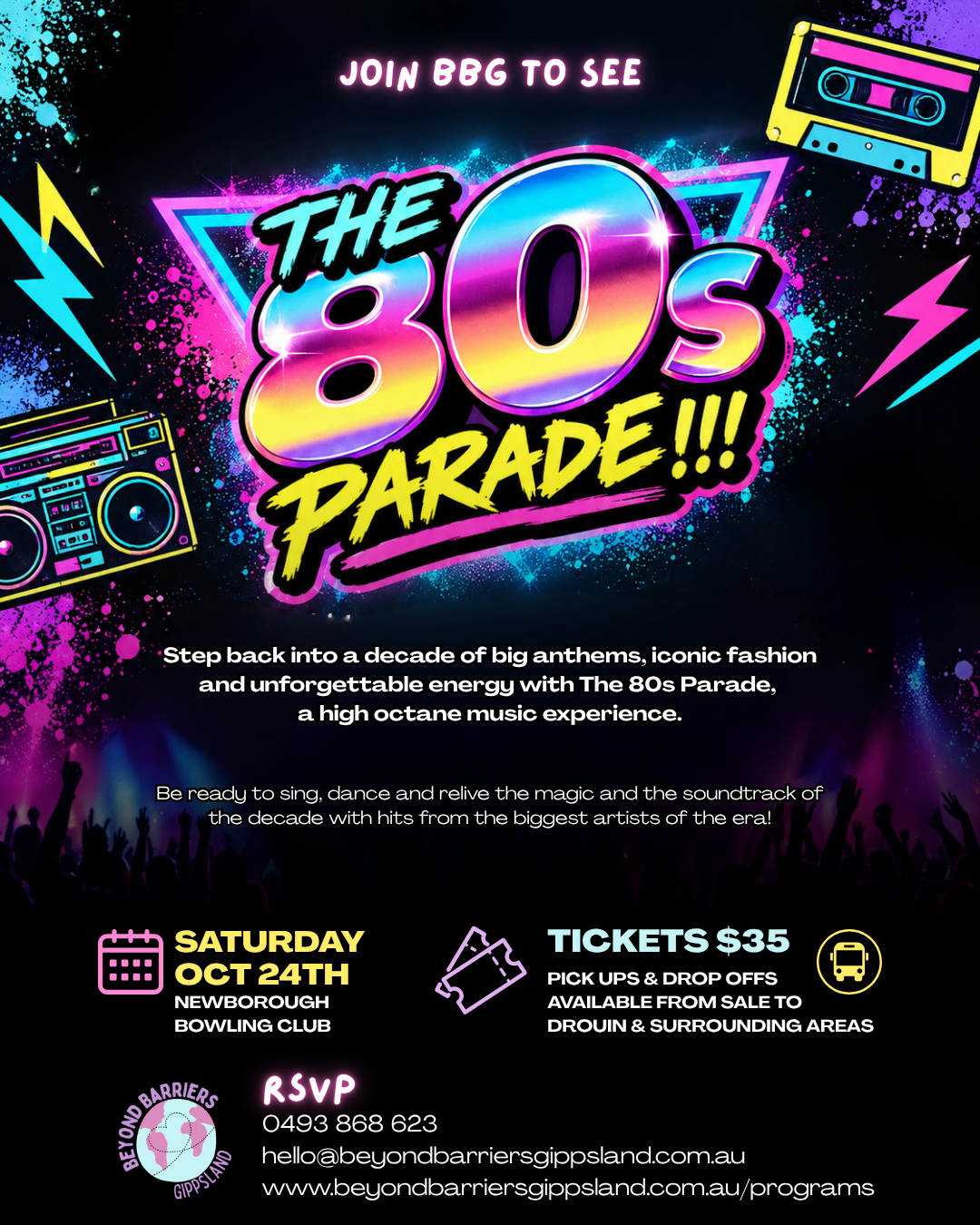 80s themed music event poster with neon colors, cassette tapes, boomboxes, and a crowd at the bottom. Text details about The 80s Parade event, including date, location, ticket price, and RSVP contact information.