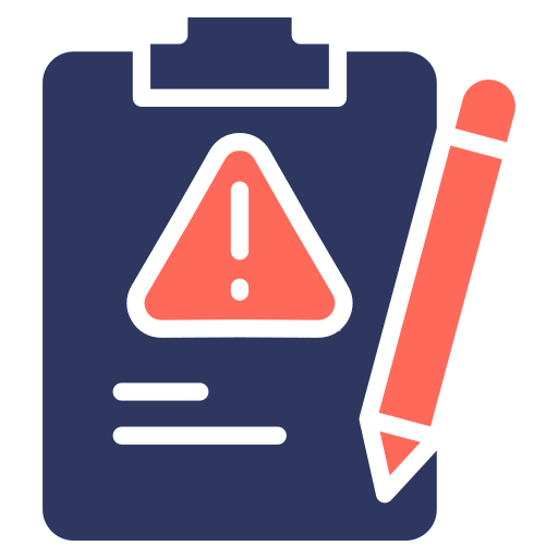 blue clipboard with red pen and exclamation mark signalling an incident