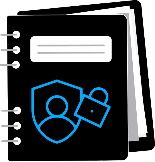 Illustration of a black spiral-bound notebook with a blue shield and user icon, and a lock, representing security or privacy.