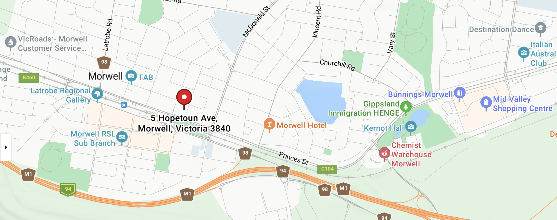 Map of Morwell Victoria, showing the address of Beyond Barriers Gippsland's office/community hub at 5 Hopetoun Avenue Morwell.