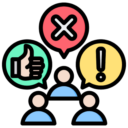 Group of three people talking, with speech bubbles containing a red cross, a green thumbs-up, and a yellow exclamation point.