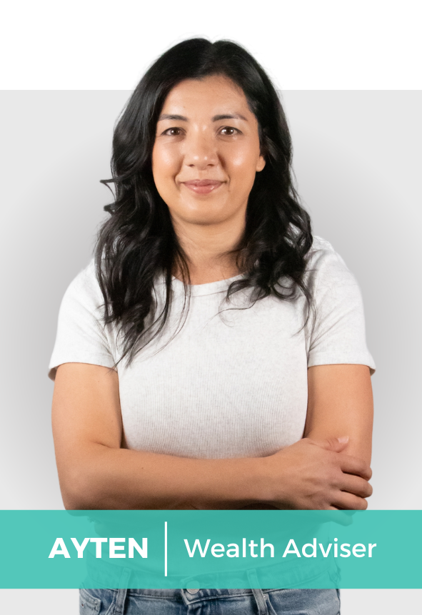 A woman with long dark wavy hair wearing a white t-shirt, standing against a plain light background, with her arms crossed, and a banner at the bottom that reads 'AYTEN Wealth Adviser.'