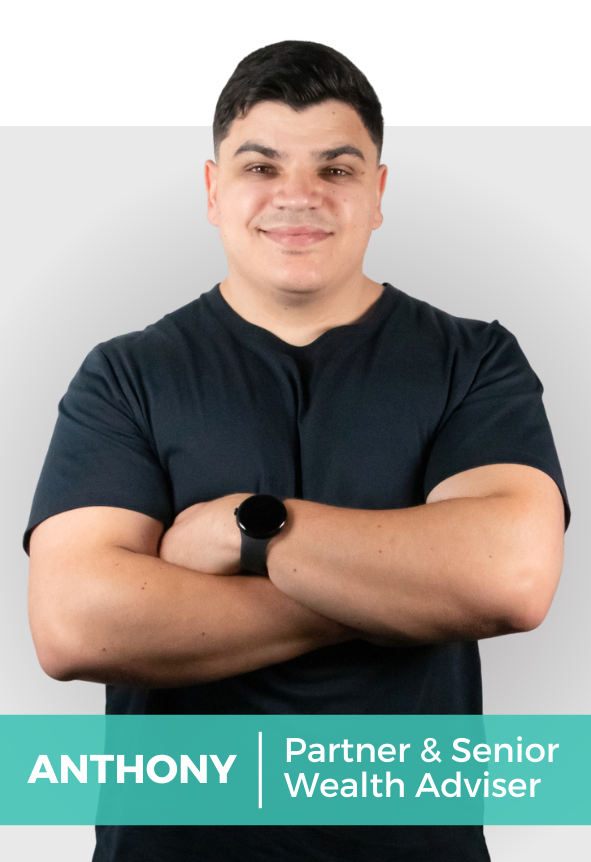 A young man with short, dark hair and light skin, smiling and standing with arms crossed, wearing a black T-shirt and a smartwatch. The background is plain, and there is a banner at the bottom with the name Anthony, title Partner & Senior Wealth Adviser.