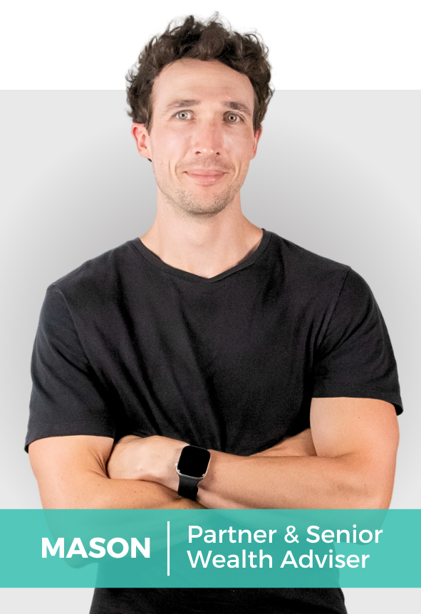 A man with curly brown hair wearing a black T-shirt and a smartwatch, standing with arms crossed against a light gray background. A teal banner at the bottom displays his name, Mason, and his title, Partner & Senior Wealth Adviser.