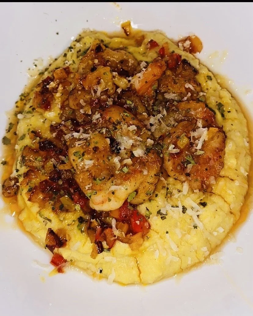 Golden Curry Cornmeal Grits & Suya Honey Glazed Shrimp