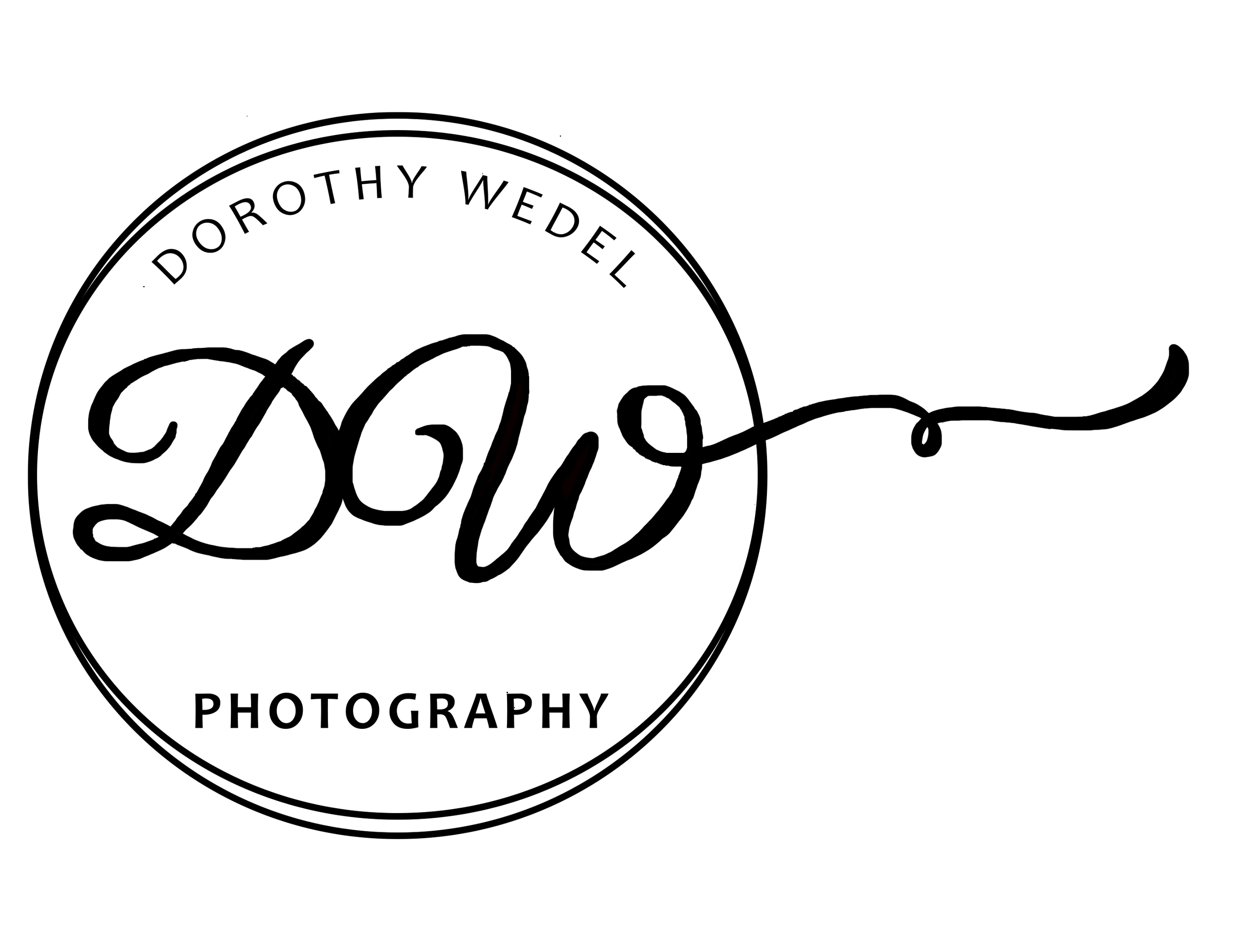 Circular logo consisting of 2 round circles overlaid to slightly overlap which contain the words Dorothy Wedel on the top, the initials with flared lettering of DW accross the centre, and the word Photography all in caps on the bottom portion