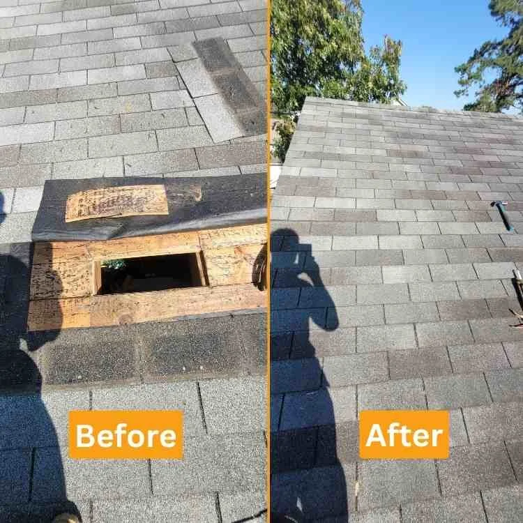 Damage roof repair before and after showing a rood with a hole in it next to a repaired roof