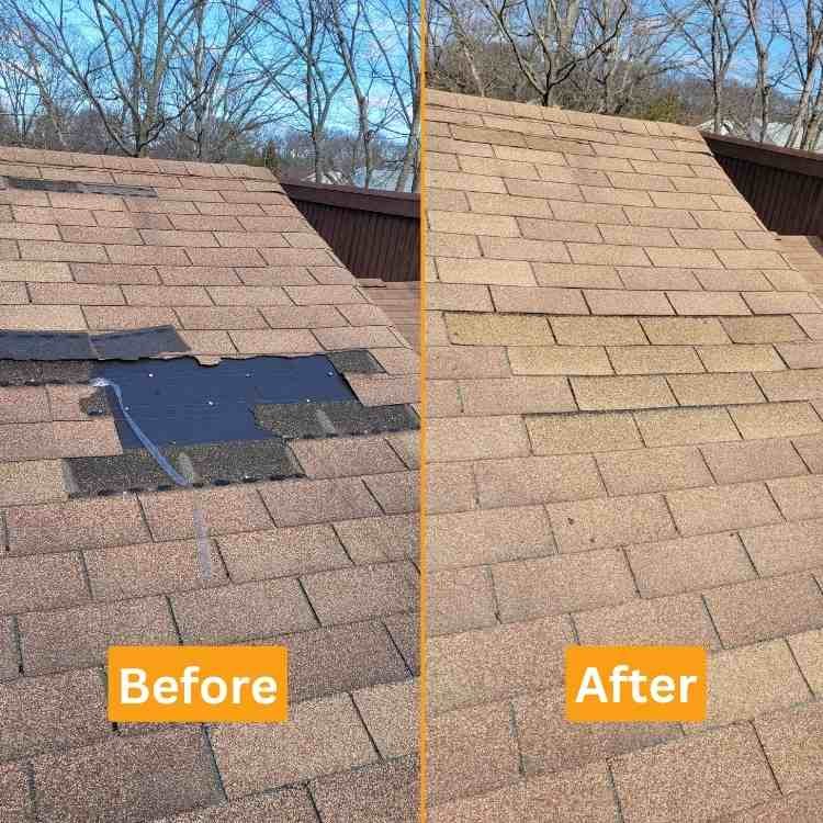 Damaged roof shingle repair before and after picture