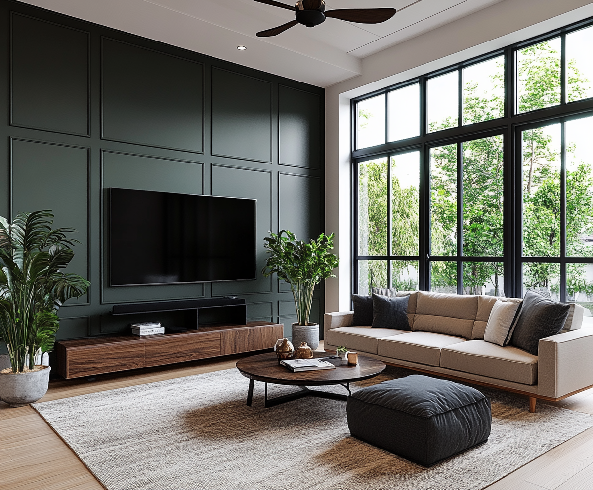 Modern living room with dark green paneled accent wall, mounted flat-screen TV, beige sofa with black and white pillows, large windows showing greenery outside, wooden coffee table, black pouf, potted plants, ceiling fan, and a light-colored area rug.
