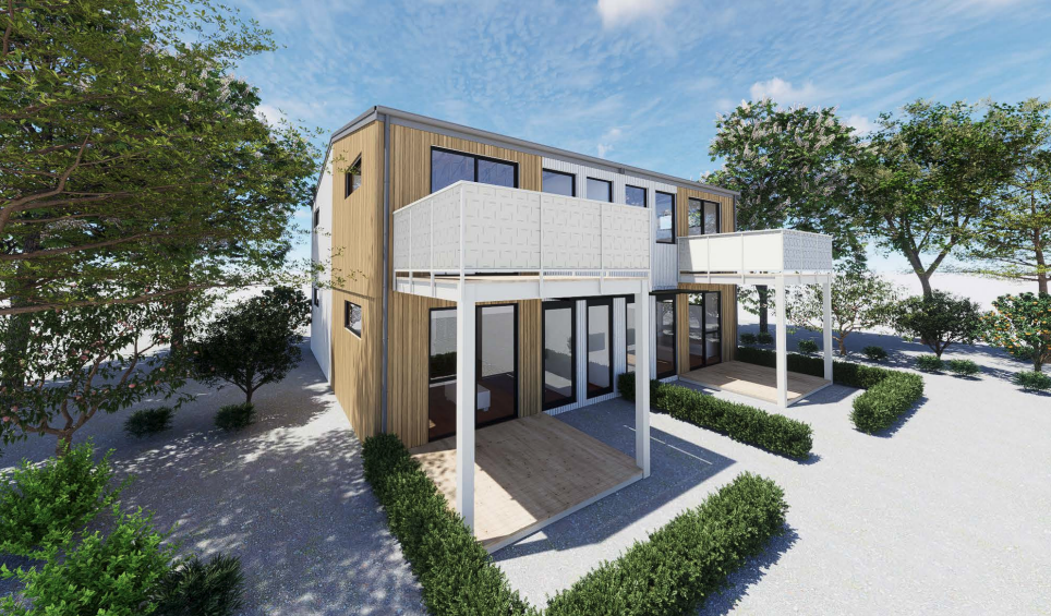 A rendering of a factory built duplex by smart solution homes