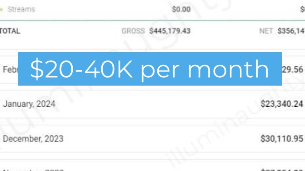 Screenshot of a financial statement with total gross amount of $445,179.43, net amount of $356,14, and text overlay stating '$20-40K per month' in blue.