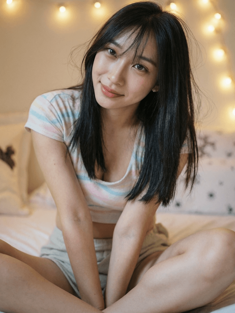 A young woman with long black hair and a light sweater sitting on a bed with string lights in the background