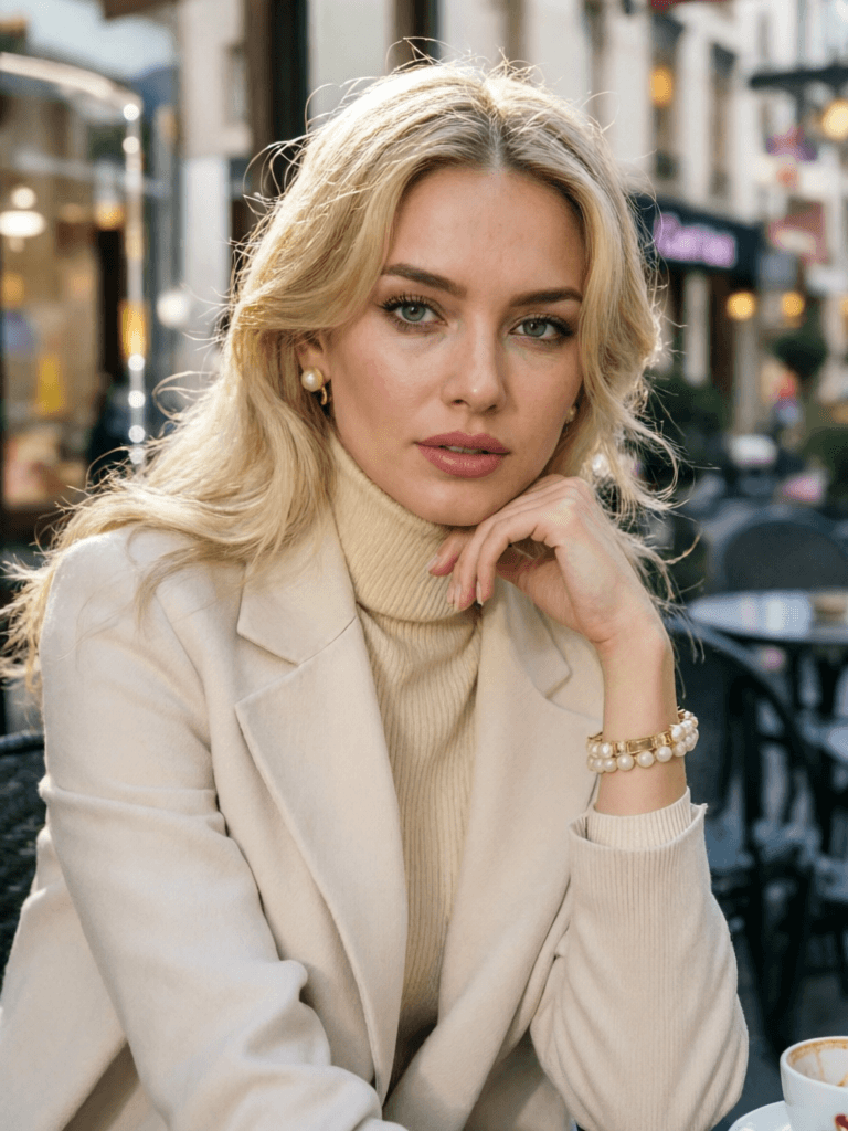 A blonde woman with blue eyes wearing a cream turtleneck and blazer, sitting at an outdoor cafe with city streets in the background.