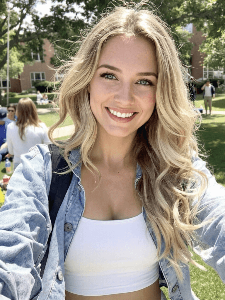 A smiling young woman with blonde, wavy hair takes a selfie outdoors on a sunny day, with a park and other people in the background.