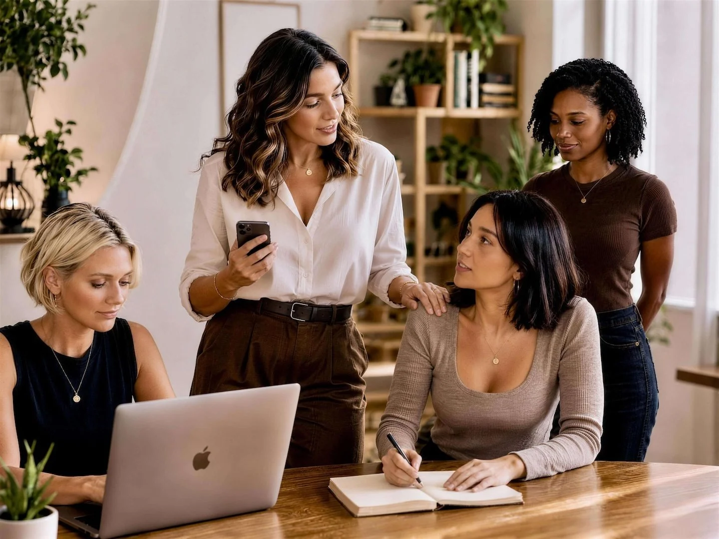 Female-led agency team managing creator accounts in a modern workspace