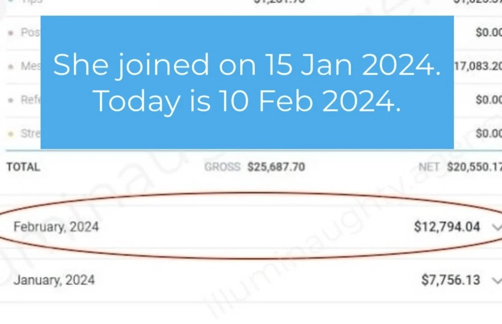 Screenshot of a financial statement with a blue overlay showing the text "She joined on 15 Jan 2024. Today is 10 Feb 2024". The statement lists sales for January and February 2024, with amounts of $7,756.13 and $12,794.04 respectively, and totals including gross and net income.