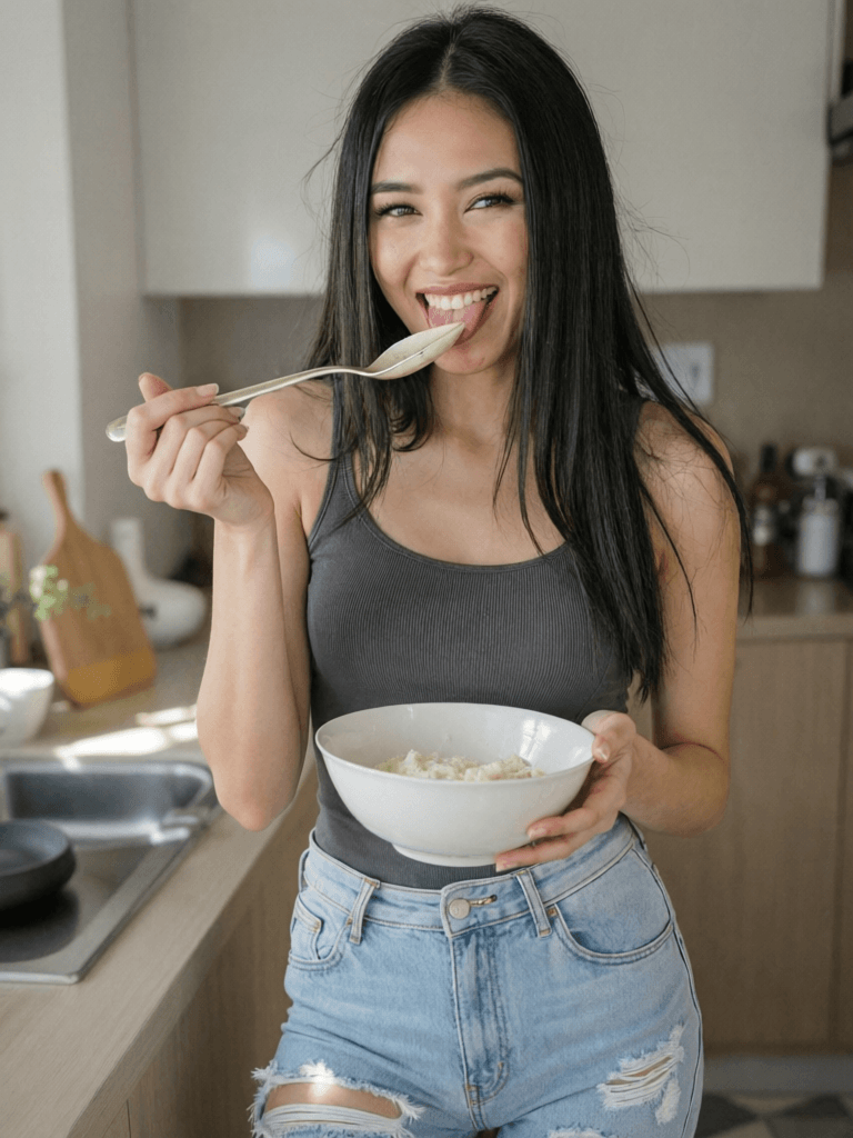 A young woman in a gray tank top and ripped jeans standing in a kitchen, smiling and tasting food from a spoon while holding a bowl.
