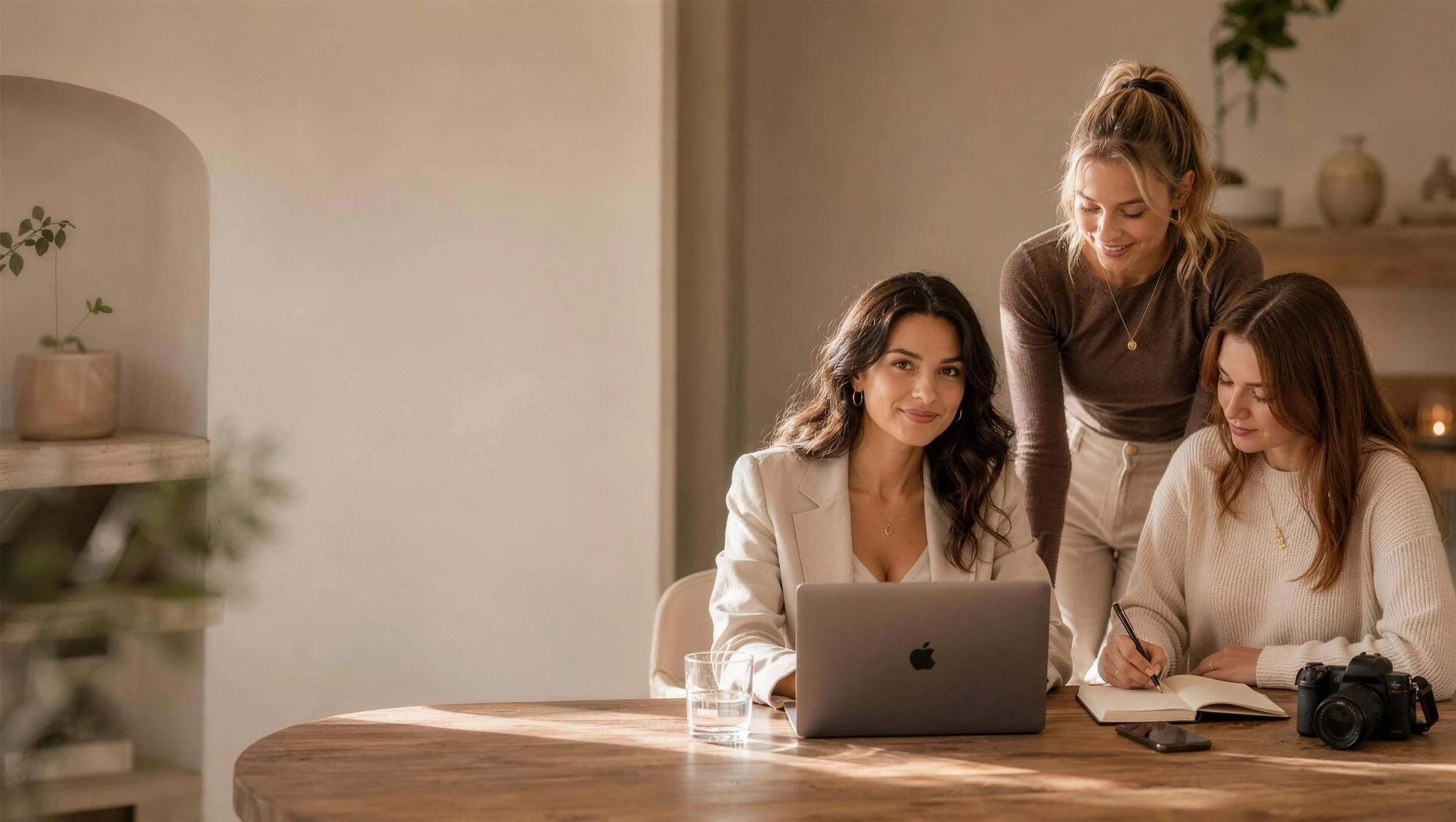 Three women working together at a wooden table, one is seated with a laptop and the other two are standing, looking at the screen, in a cozy, well-lit room with decorative vases and plants.