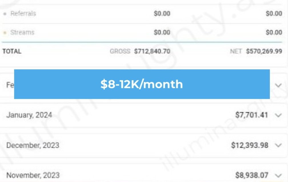 Screenshot of a financial statement showing gross income of $712,840.70, net income of $570,269.99, and specified monthly income range of $8,000-$12,000.