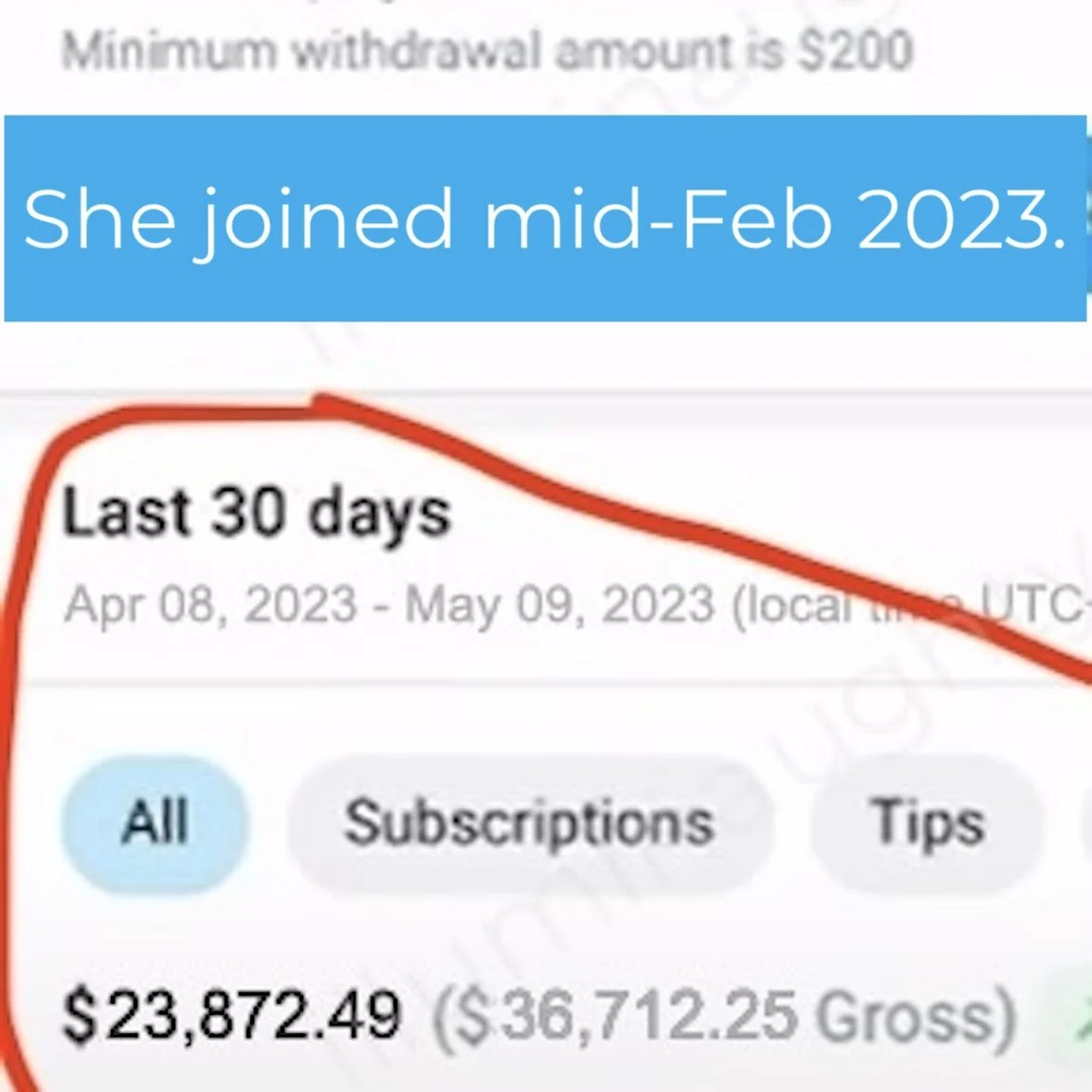 Financial app screenshot showing a balance of $23,872.49 for the last 30 days, with a note that she joined mid-February 2023.