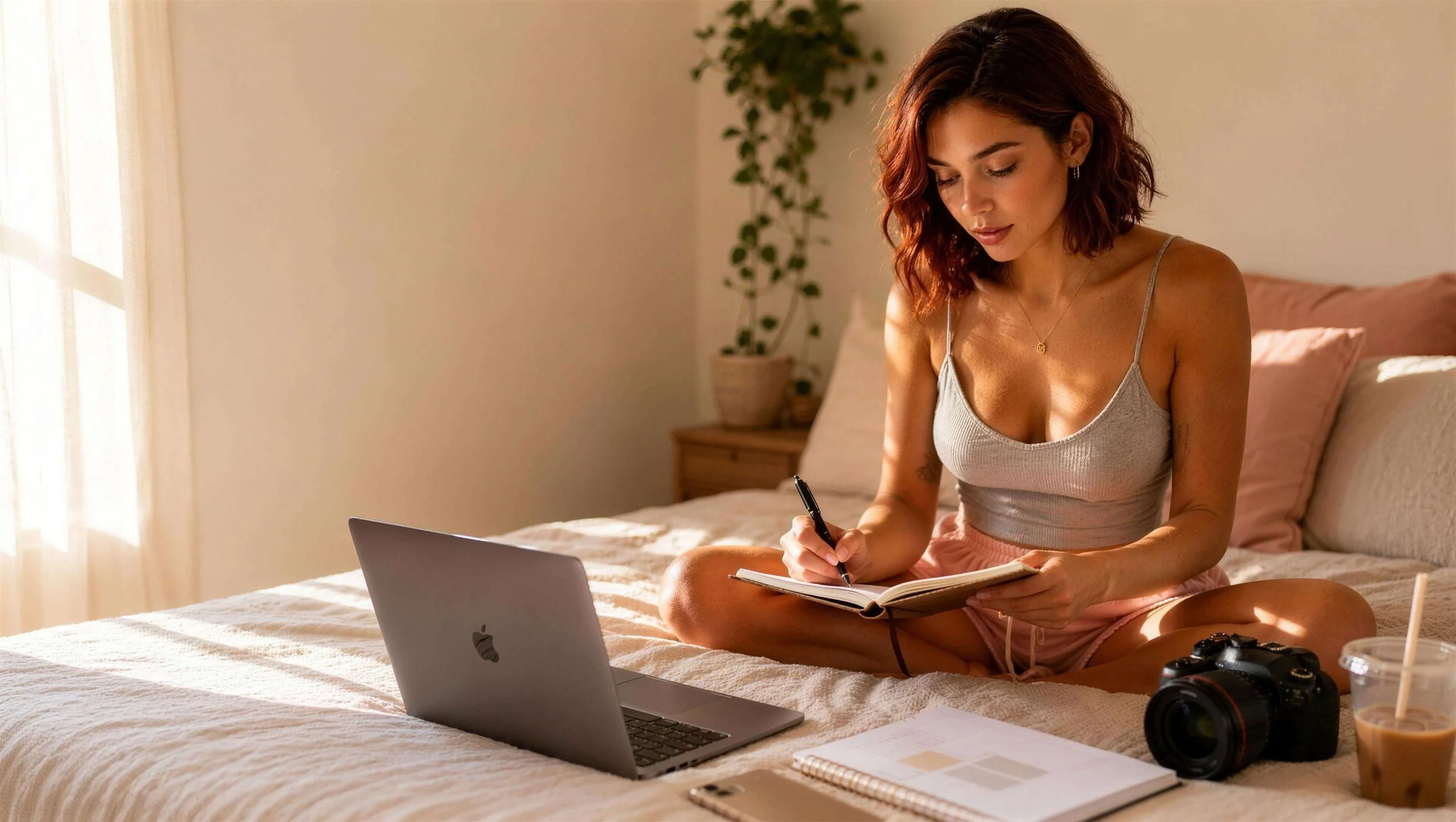 A woman with shoulder-length wavy brown hair sits on a bed with a white bedspread, writing in a notebook. She is wearing a light gray tank top and pink shorts. There is a silver MacBook laptop open in front of her, a camera, a glass of iced coffee with a straw, and a closed notebook nearby. The room has beige walls, a window with light-colored curtains, a potted plant on a side table, and soft natural lighting.