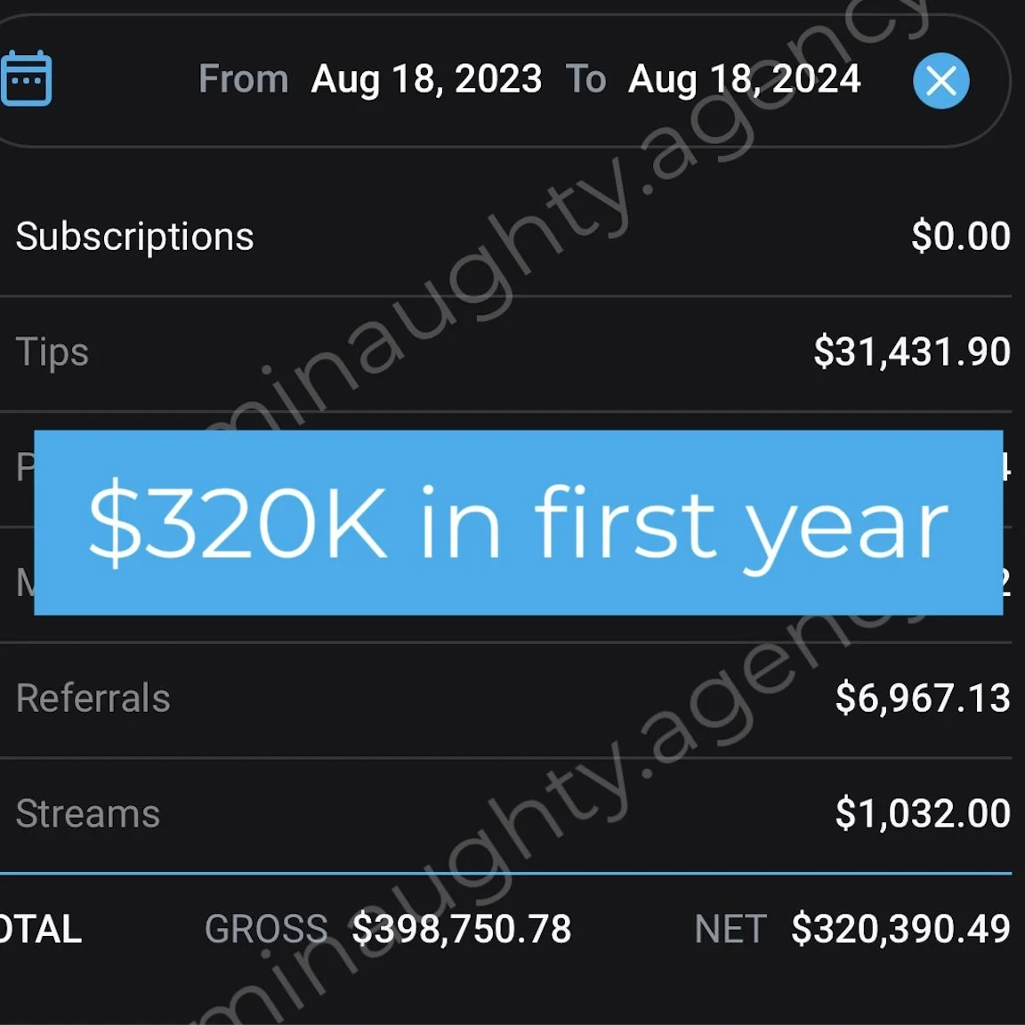 Screenshot of earnings dashboard showing $320K in first year.