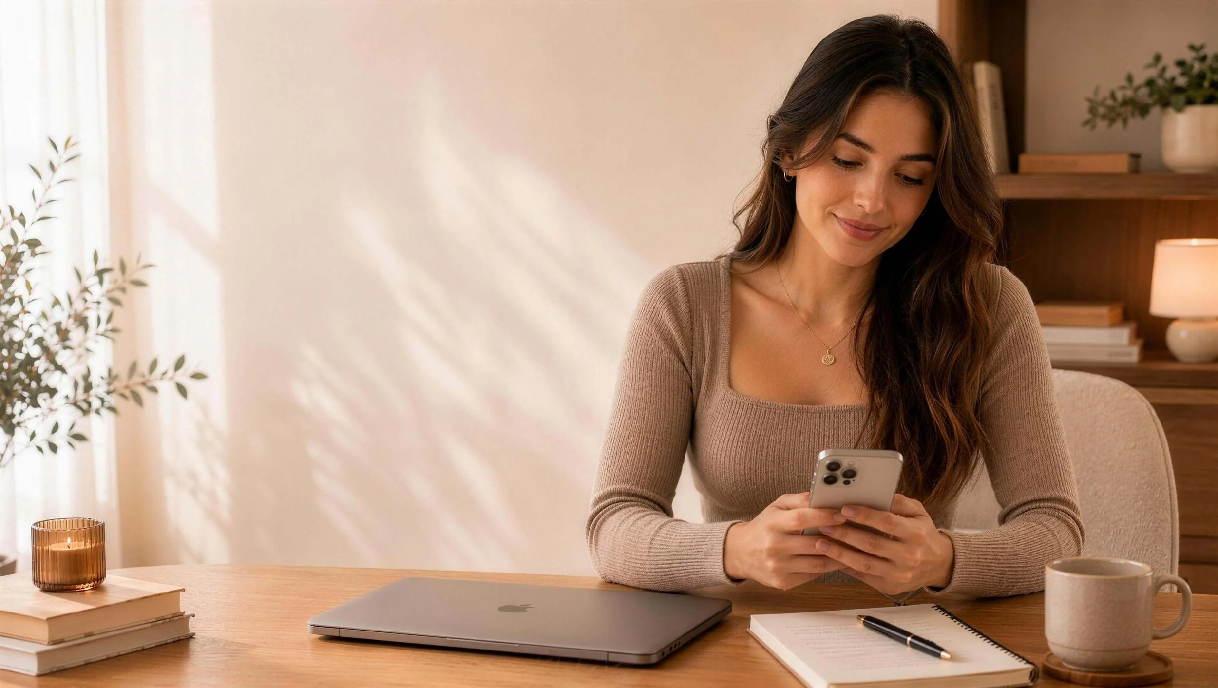 A young woman with long brown hair, wearing a beige sweater, sitting at a wooden desk, looking at her smartphone with a gentle smile. On the desk are a closed laptop, a black pen, a notebook, and a mug. In the background, there are shelves with books and plants, and a lamp providing warm lighting.
