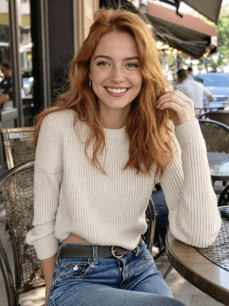 Smiling woman with red hair, wearing a white knit sweater and blue jeans, sitting at an outdoor café table.
