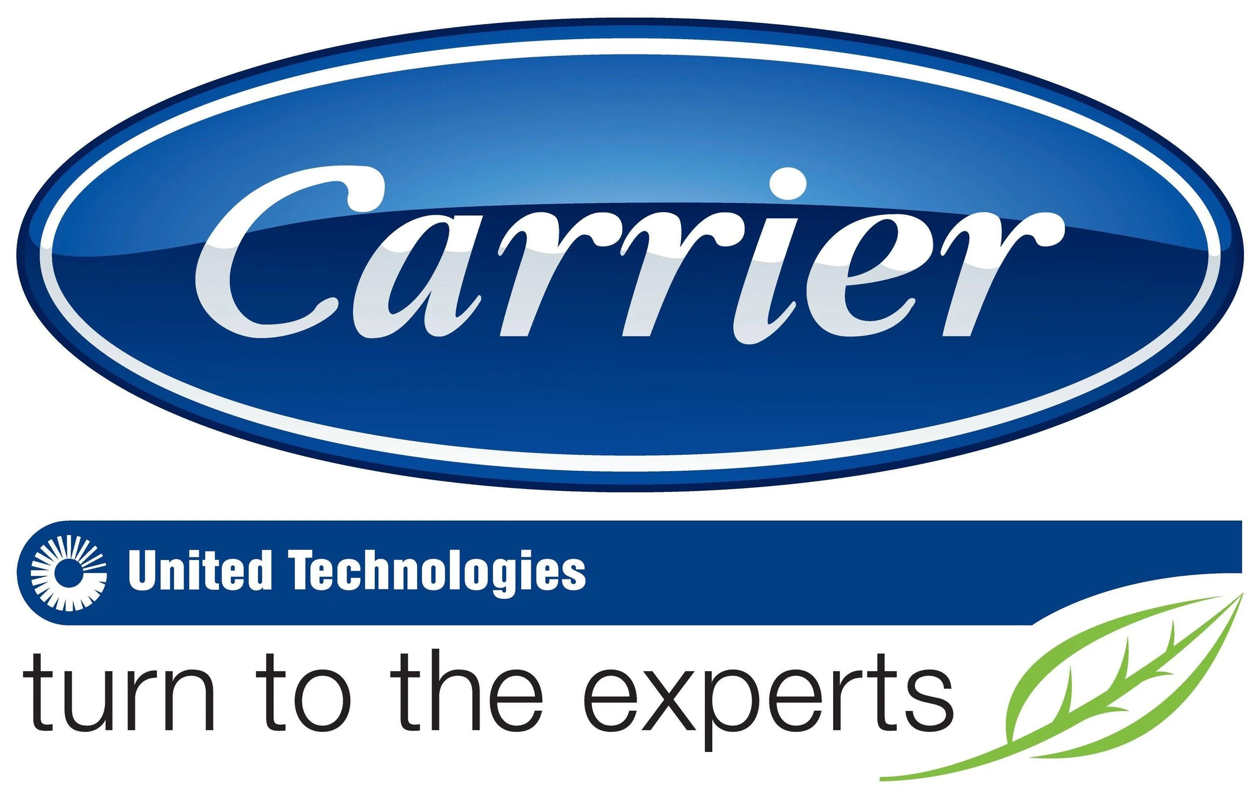 Logos of Carrier and United Technologies with tagline 'turn to the experts' and a leaf graphic.