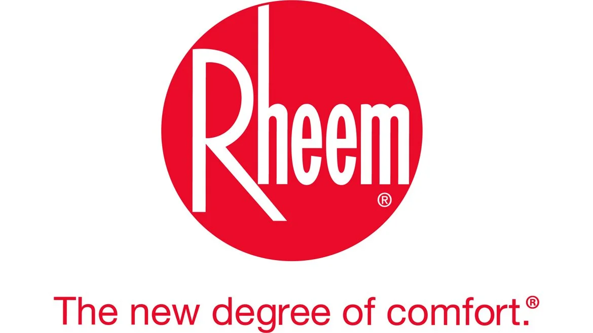 Rheem logo in red with the slogan "The new degree of comfort."