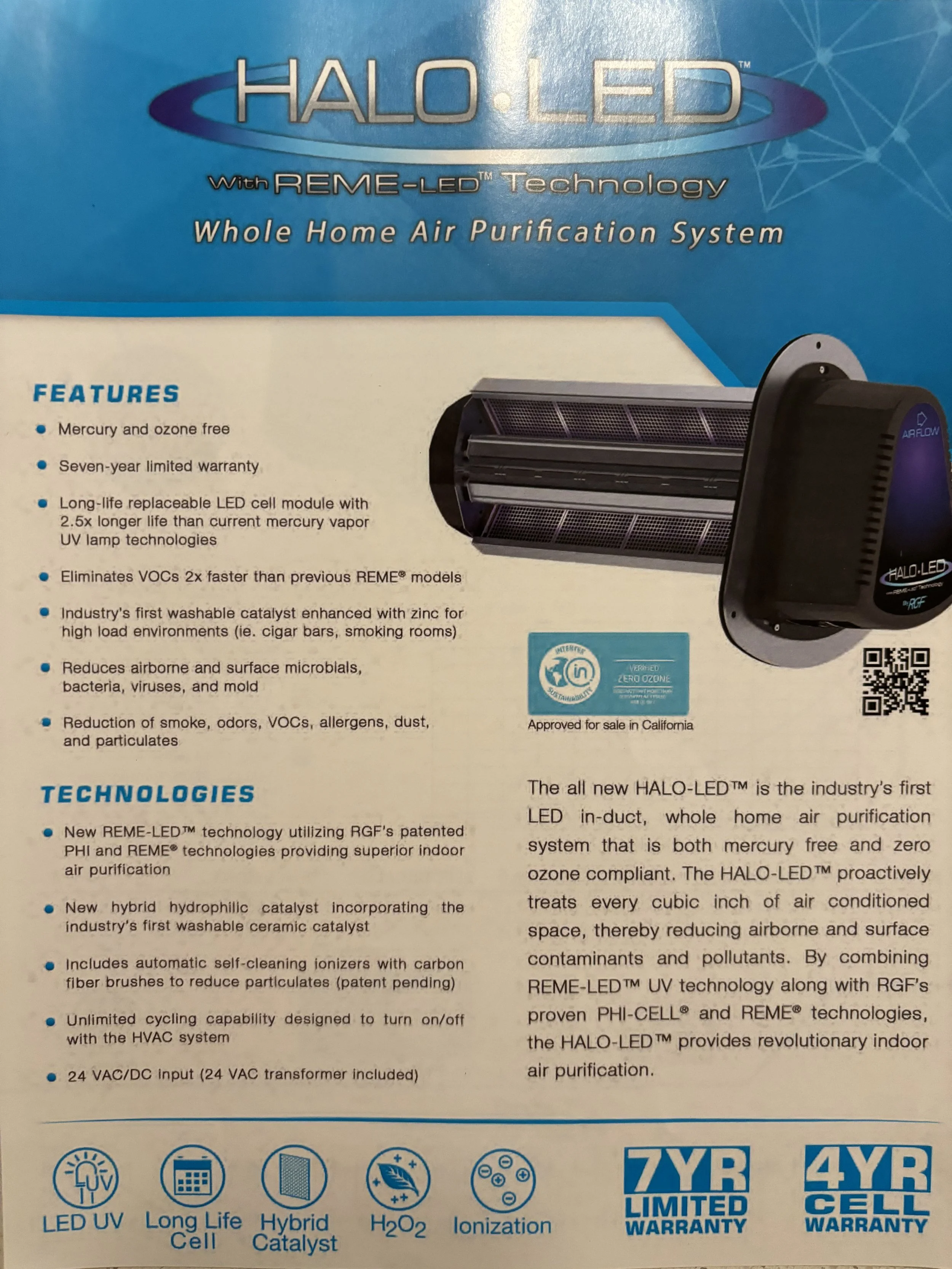 Box describing the HALO-LED Whole Home Air Purification System, highlighting features like mercury-free, long-lasting LED cell modules, VOC elimination, industry-first washable catalyst, and American approval, with visual of the air purification device.