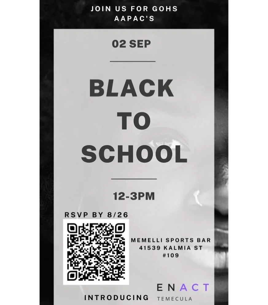 Join Us for Black To School Night @memellisportsbar ! 
.
Let's get our students ready to rock the year 👏🏾
.
Presented by @greatoak_aapac 
.
#enacttemecula  #blackstudents #wearehere #blackcommunityintemecula #listentoblackvoices✊🏾✊🏾✊🏾✊🏾