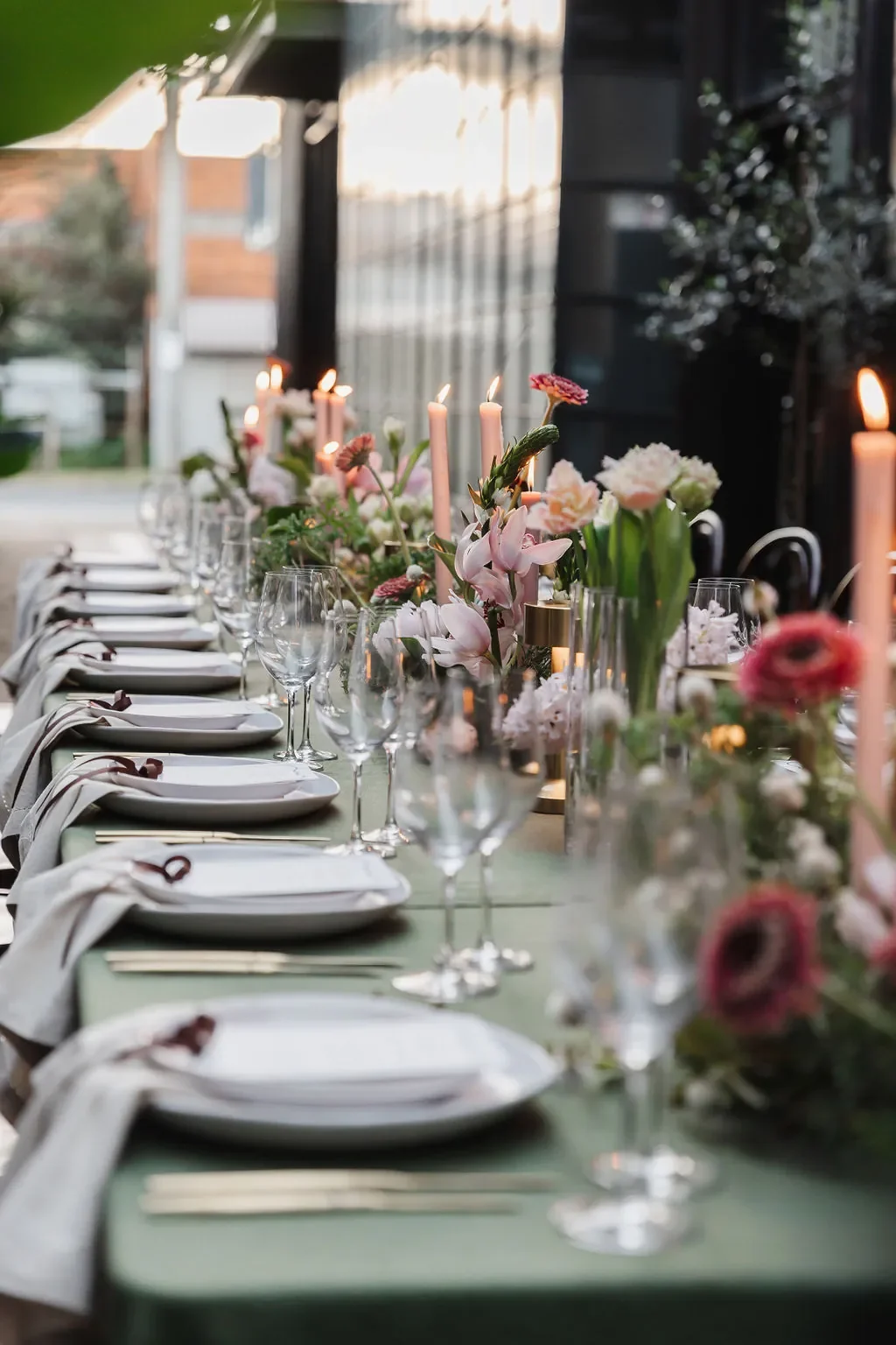 Table floral designs and decor at modern Brisbane wedding venue