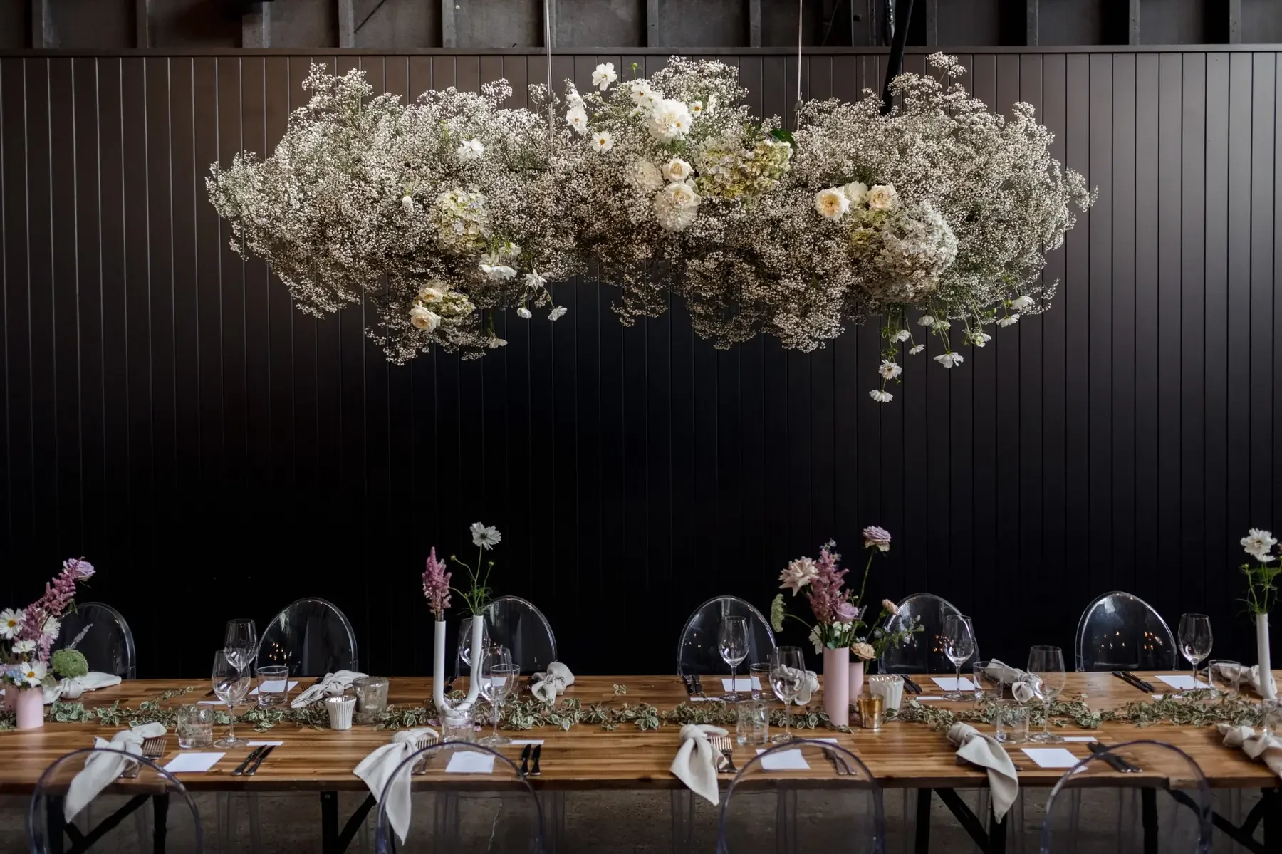 hanging flower installation at Brisbane wedding The Refinery