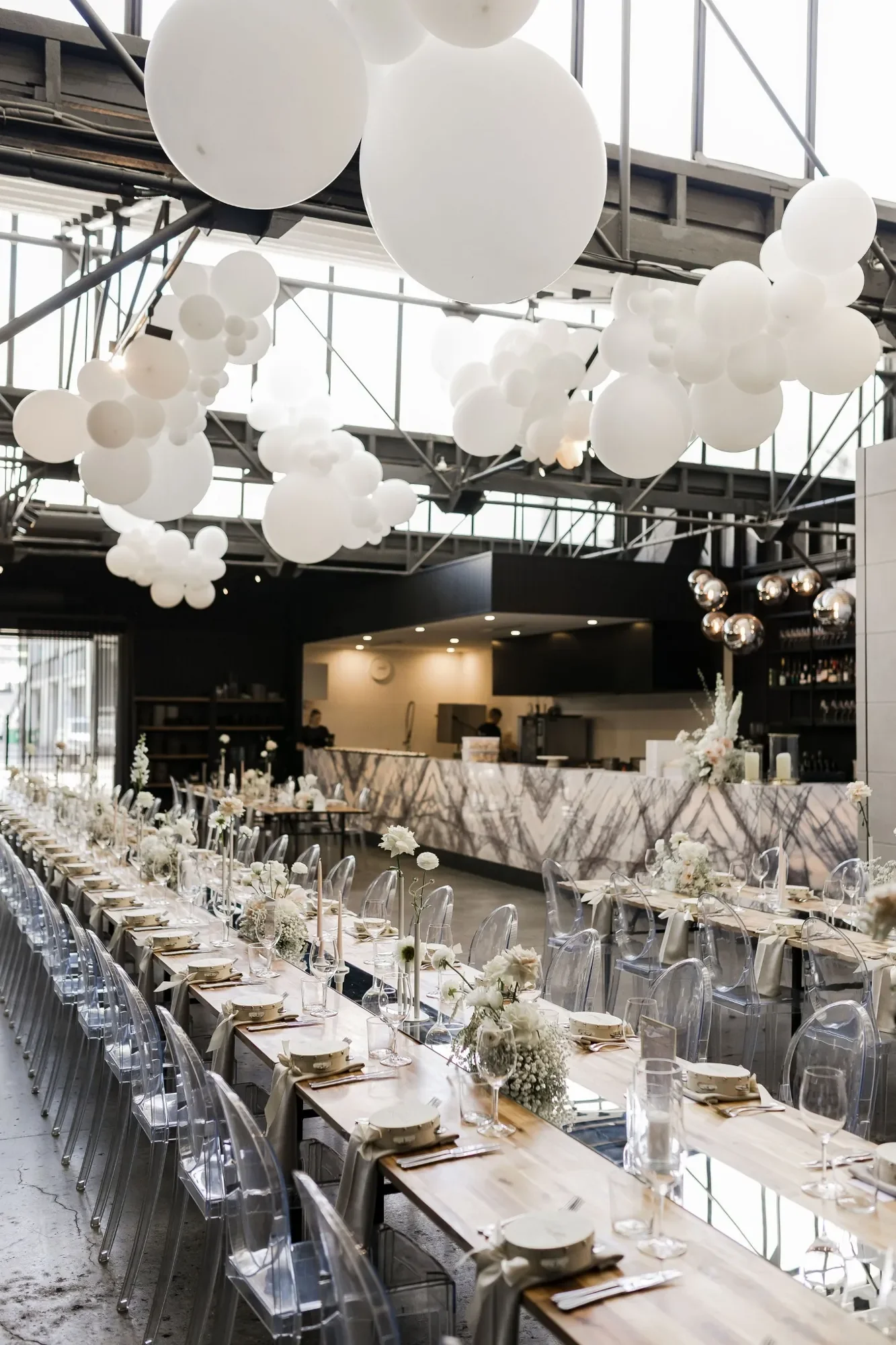 Reception styling with white flowers at The Refinery Newstead