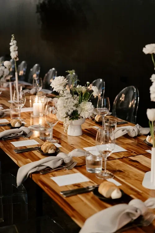 Minimalist white floral styling for a modern Refinery Brisbane wedding