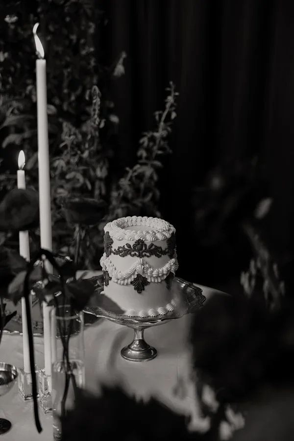 Black and white close up of the vintage cake