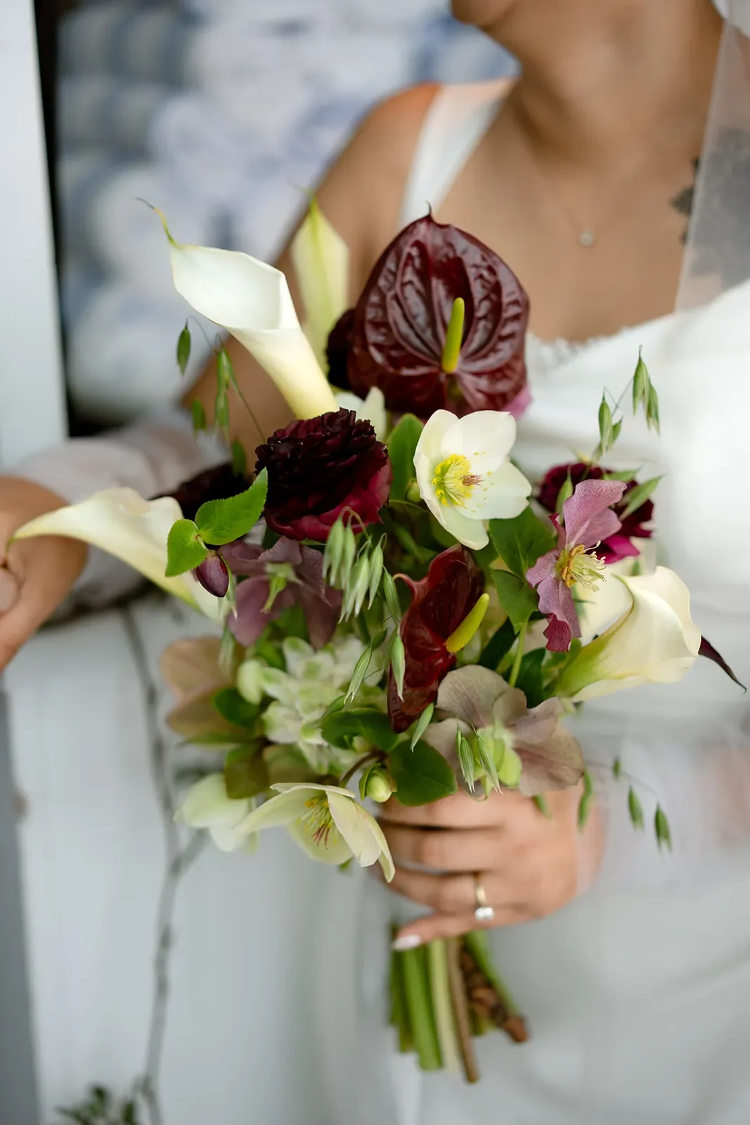 Burgundy and White textural modern Bridal Bouquet 2026