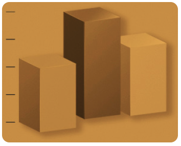 3D bar chart with three vertical rectangular bars of different heights in brown shades, set against a brown background with horizontal axis marks.