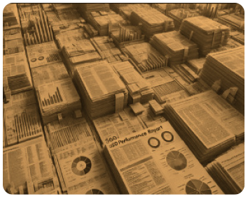 A large array of stacked financial reports and newspapers, featuring charts and graphs, organized in rows.