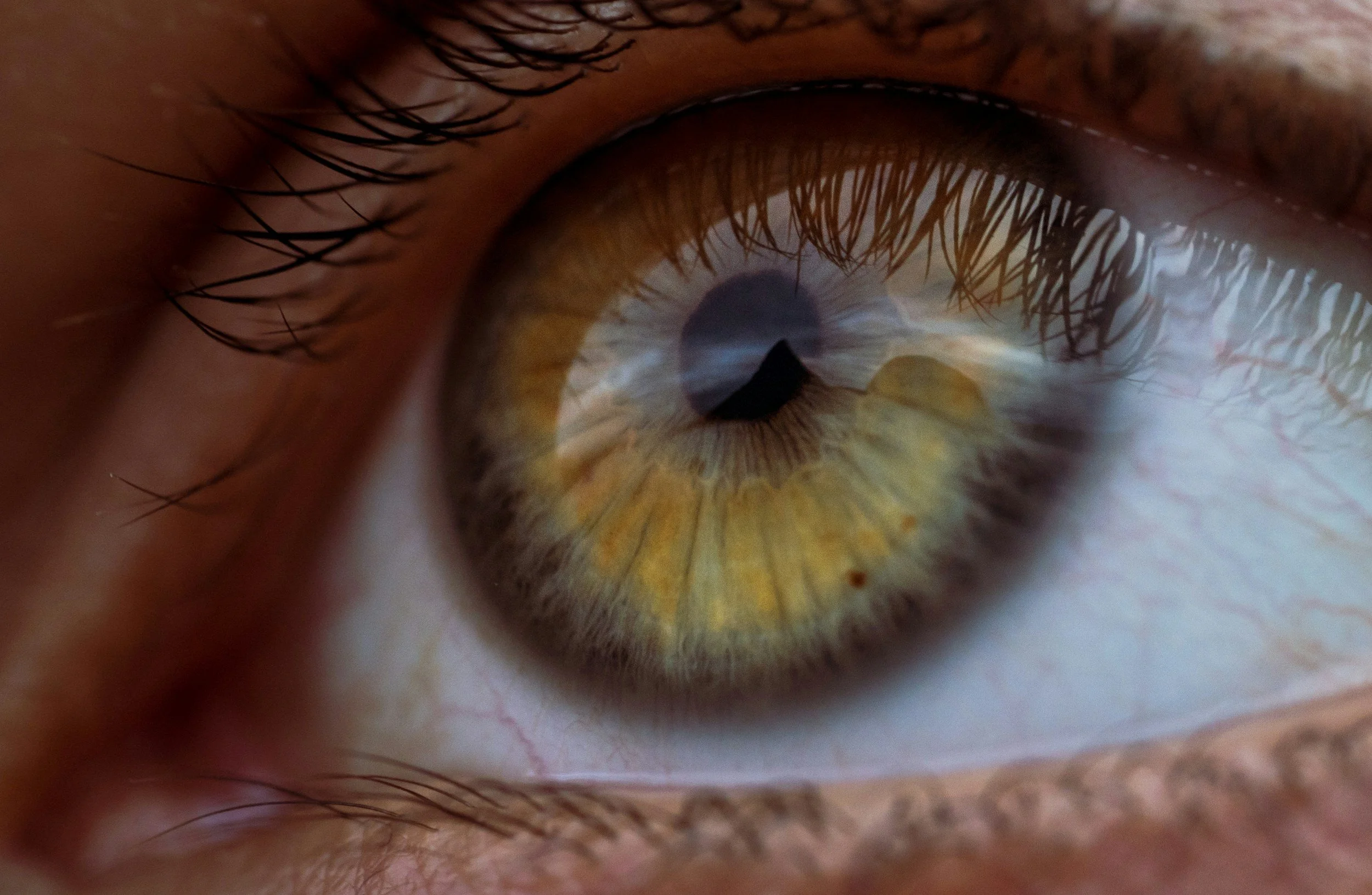 Close-up of a human eye showing detailed iris, pupil, sclera, eyelashes, and surrounding skin.