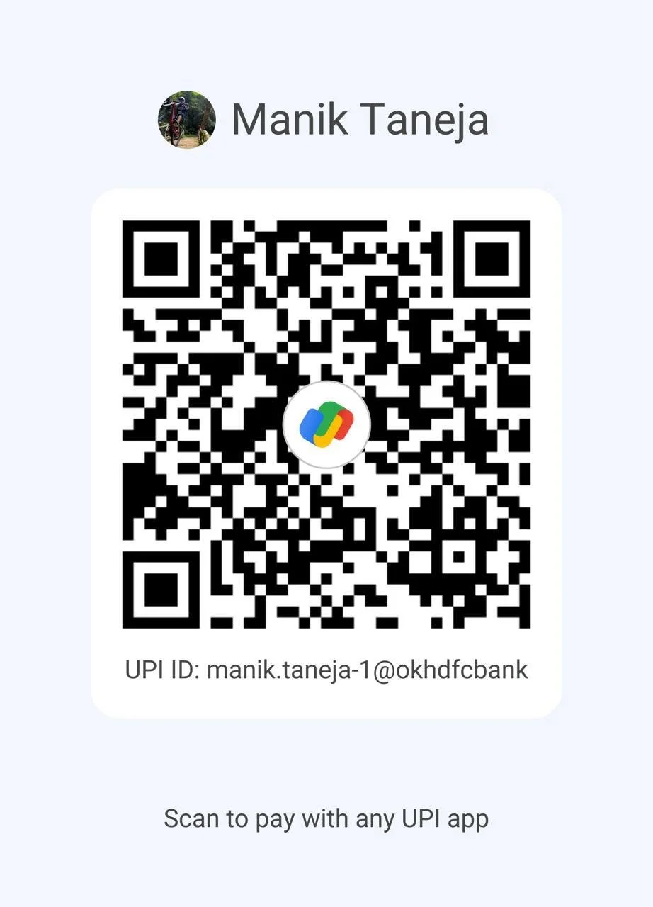 Digital payment QR code with a profile picture, name 'Manik Taneja', and UPI ID for mobile payment.