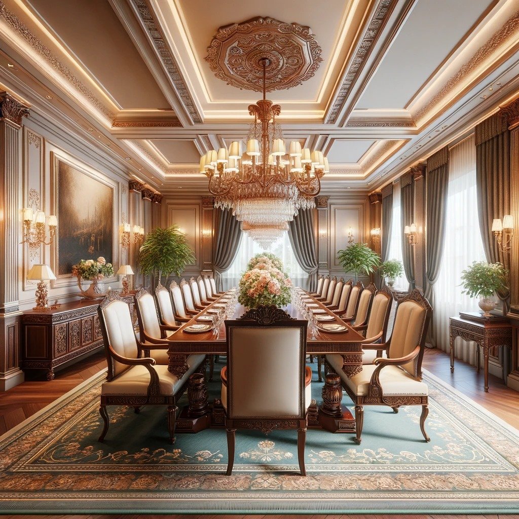 Experience dining in its most majestic form with our opulent dining room set, where a grand, glossy ebony table sits beneath a canopy of silk, surrounded by hand-painted, gold-gilded chairs, each piece a testament to artisanal craftsmanship
