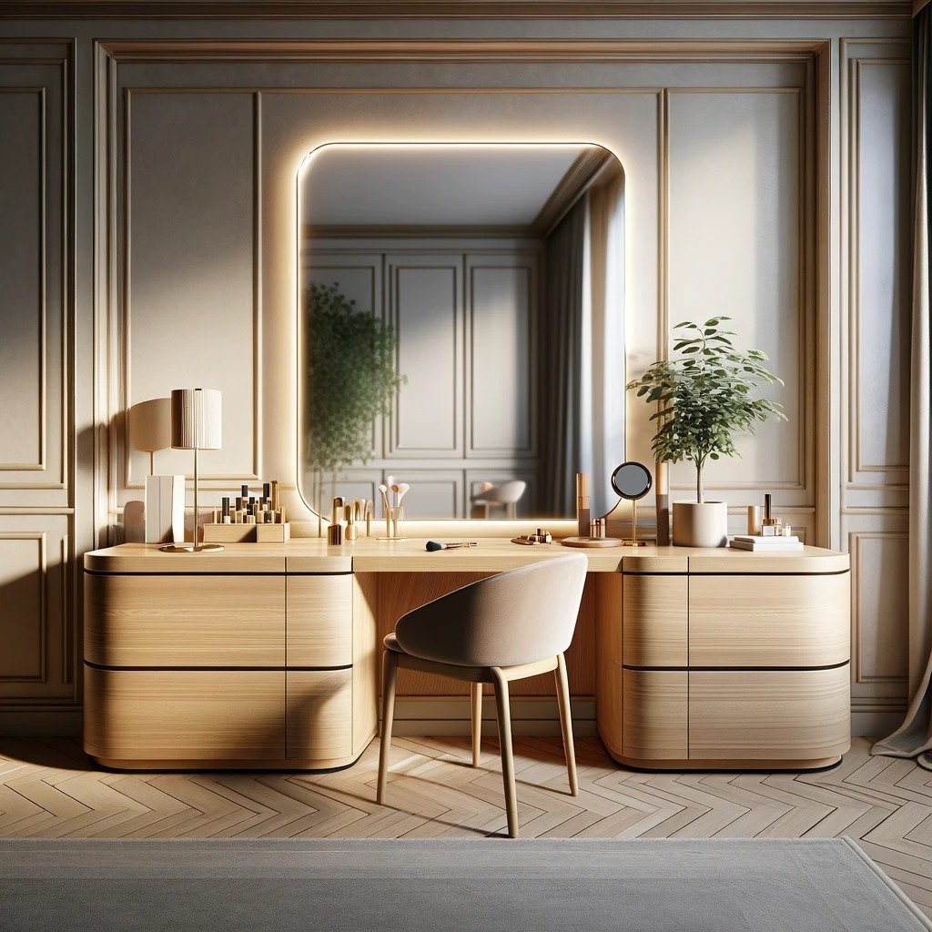 Transform your morning routine with our contemporary dressing table, boasting a sleek, minimalist design with clean lines and a high-gloss finish, perfect for modern living spaces