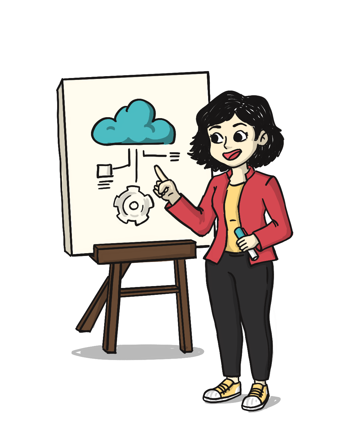 A mountain landscape with snow-capped peaks, rolling grassy hills in the foreground, and a modern building with wooden and stone elements on the hillside.