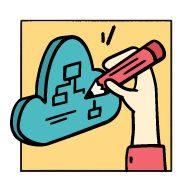 Modern wooden house with stone stairs leading up to a deck, overlooking mountains with snow, green hills, and a cloudy sky