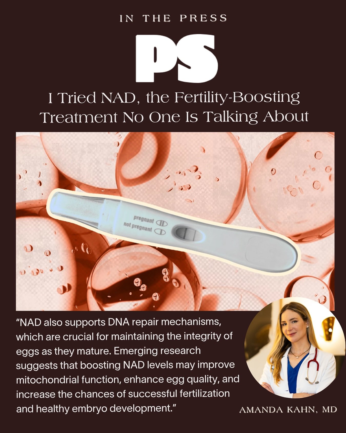 Excited to be featured in @ps.feelgood article &ldquo;I Tried NAD, the Fertility-Boosting Treatment No One Is Talking About&rdquo; by @alanapeden. I shared insights on how declining NAD levels with age may impact egg quality and fertility&mdash;and h