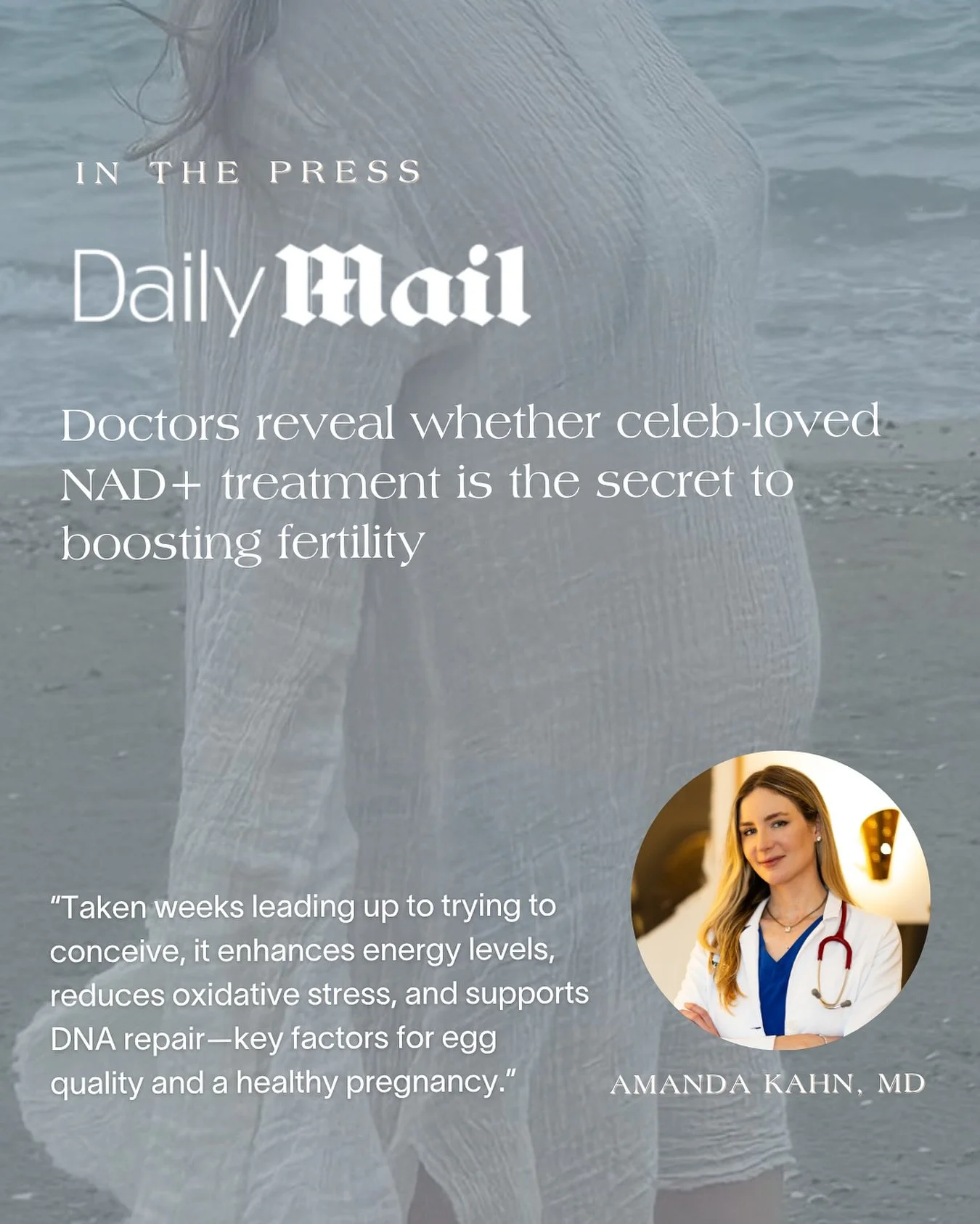 Thank you, @dailymail, for featuring me in your article &ldquo;Doctors reveal whether celeb-loved NAD+ treatment is the secret to boosting fertility.&rdquo;

NAD+ is such an exciting area of research. It plays a vital role in cellular energy producti